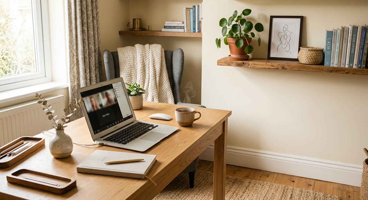 Cozy home office with laptop showing a video call, eucalyptus stems and notebook